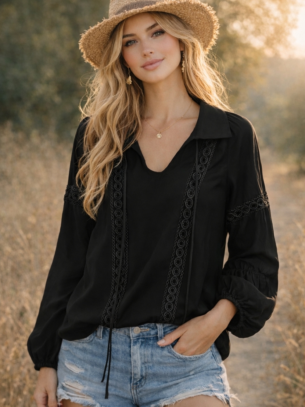 Union of Angels Black Boho Blouse Lace Trim Long Sleeve Top